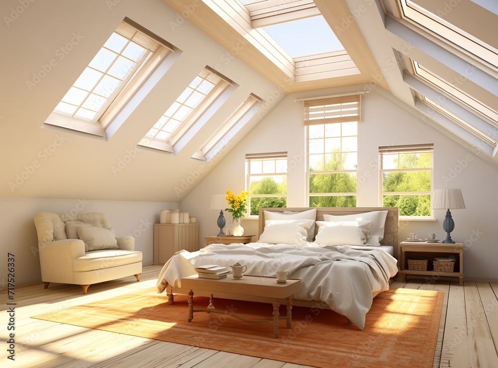 Well-lit bedroom with a neatly made bed, a wooden chair, and skylights that provide natural light. The room is clean and tidy, with a simple but elegant design.