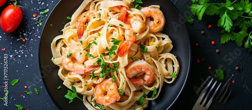 Shrimp scampi pasta prepared with homemade ingredients and parsley.