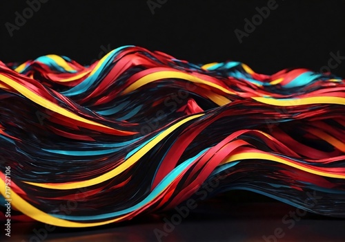 3d render, abstract geometric wallpaper of colorful wavy neon ribbon, yellow red blue glowing lines isolated on black background. Illustrations 01. © MearthDesign