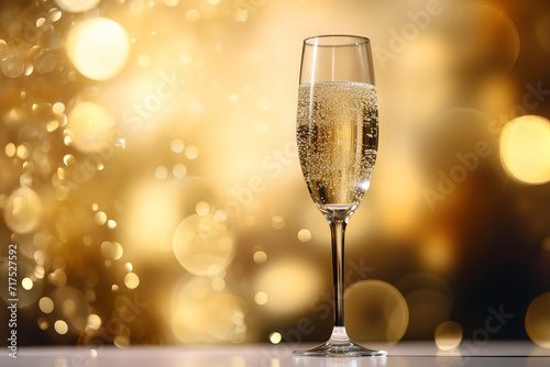 A sparkling glass of champagne against a golden bokeh background, celebrating luxury and success, AI Generative.