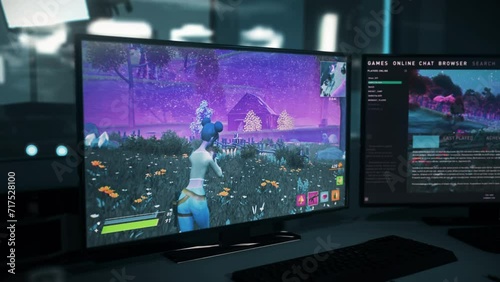 Using the jumping power-ups in the modern shooter computer game. Killing the online opponents in the shooter computer game. Character Celebrating the royale victory in the shooter computer game. photo