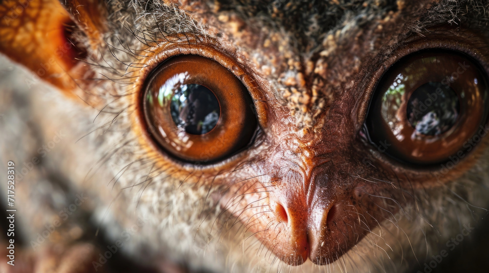 Closeup of a tarsiers face with its large eyes dominating the image. Its curious gaze seems to pierce through the screen. Closeup of a tarsiers face with its large eyes dominating the image. Its curious gaze seems to pierce through the screen.
