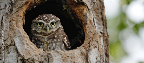 A nest hole houses a concealed spotted owlet. photo
