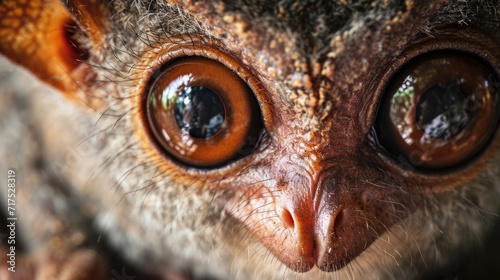 Closeup of a tarsiers face with its large eyes dominating the image. Its curious gaze seems to pierce through the screen.