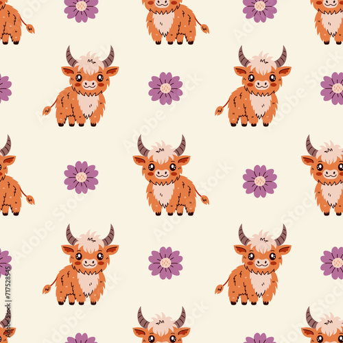 Childish Seamless Pattern with cow and flower. Cute endless background with baby animal and daisy blossom. Shaggy highland cattle. Repeat vector illustration for kids, dairy products, wallpaper, fabri