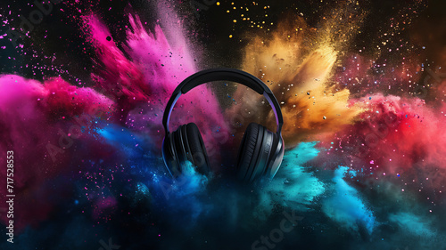 Headphones amidst a vibrant splash of colors, AI Generative.