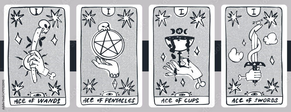 The Minor Arcana, aces of wands, pentacles, cups and swords. Hand drawn line sketch of Tarot. The Minor Arcana, aces of wands, pentacles, cups and swords. Hand drawn line sketch of Tarot.