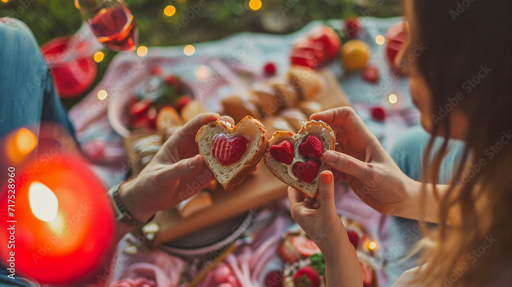 Playful photo of a couple having a picnic with heart-shaped sandwiches and treats, creating a festive and joyful atmosphere, Valentine's Day, picnic love, hd, playful with copy spa