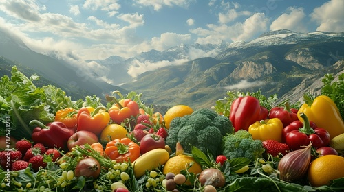 Group of fruits and vegetables, mountain landscape background, healthy eating and vegan concept, diet
