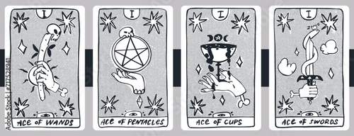 The Minor Arcana, aces of wands, pentacles, cups and swords. Hand drawn line sketch of Tarot.