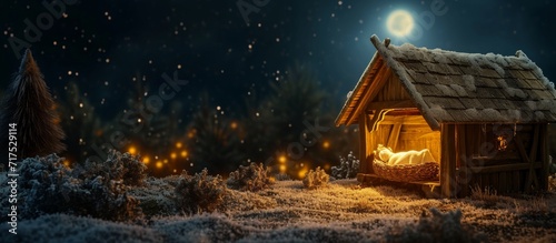 Old farmhouse with empty cradle illuminated for nativity scene. © TheWaterMeloonProjec