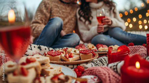 Playful photo of a couple having a picnic with heart-shaped sandwiches and treats  creating a festive and joyful atmosphere  Valentine s Day  picnic love  hd  playful with copy spa