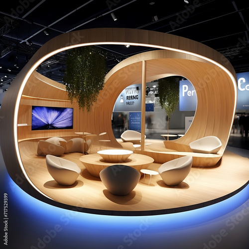 Realistic visual of a KPMG digital capsule booth at a circular economy trade show 12 square meters  technological and natural materials such as wood & cardboard. 3 screens. Modular, circular, organise photo