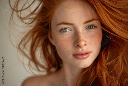 A young redhead woman with her vibrant, windswept red hair