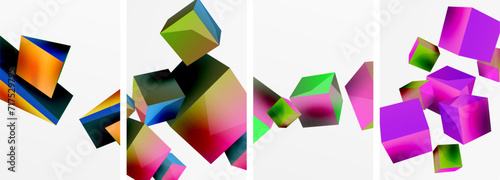 Flying 3d shapes, cubes and other geometric elements background design for wallpaper, business card, cover, poster, banner, brochure, header, website