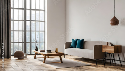 Bright living room interior with white empty wall. Generative AI. © hanifa