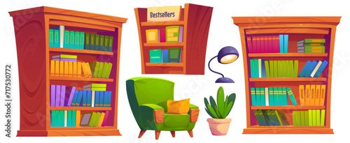 Library furniture set isolated on white background. Vector cartoon illustration of wooden bookcases, books on shelves, cozy armchair with cushion, lamp, flower pot, reading hobby, office elements