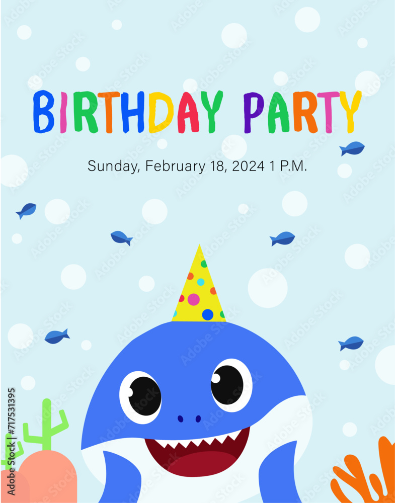 Baby shark birthday kid invitation illustration