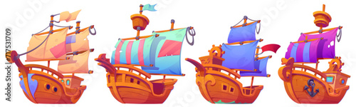 Set of old wooden ships isolated on white background. Vector cartoon illustration of vintage sailboats with steering wheels, torn sails, anchor, ropes and mast, trade caravels, ancient water transport