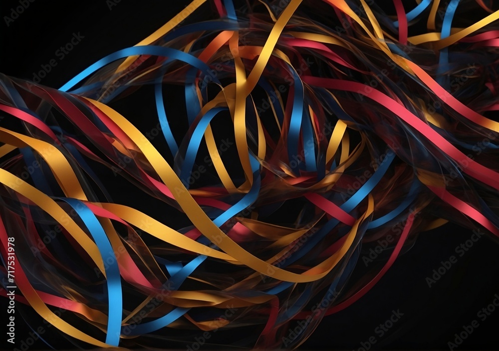 3d render, abstract geometric wallpaper of colorful wavy neon ribbon, yellow red blue glowing lines isolated on black background. Illustrations 03.