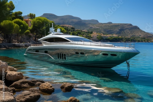 Luxurious yacht anchored in the crystal-clear waters of the French Riviera, Generative AI © Shooting Star Std
