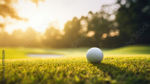 Close-up of a golf ball on a lush green course with a sunlit backdrop