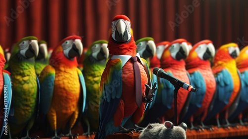 A parrot dressed in a suit and tie stands at the mic delivering a meticulously planned joke about a birdwatching incident. The rest of the parrots guffaw and slap their wings