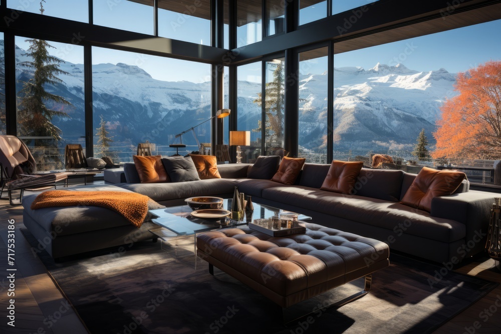 Luxury ski chalet in the Swiss Alps with panoramic mountain views, Generative AI