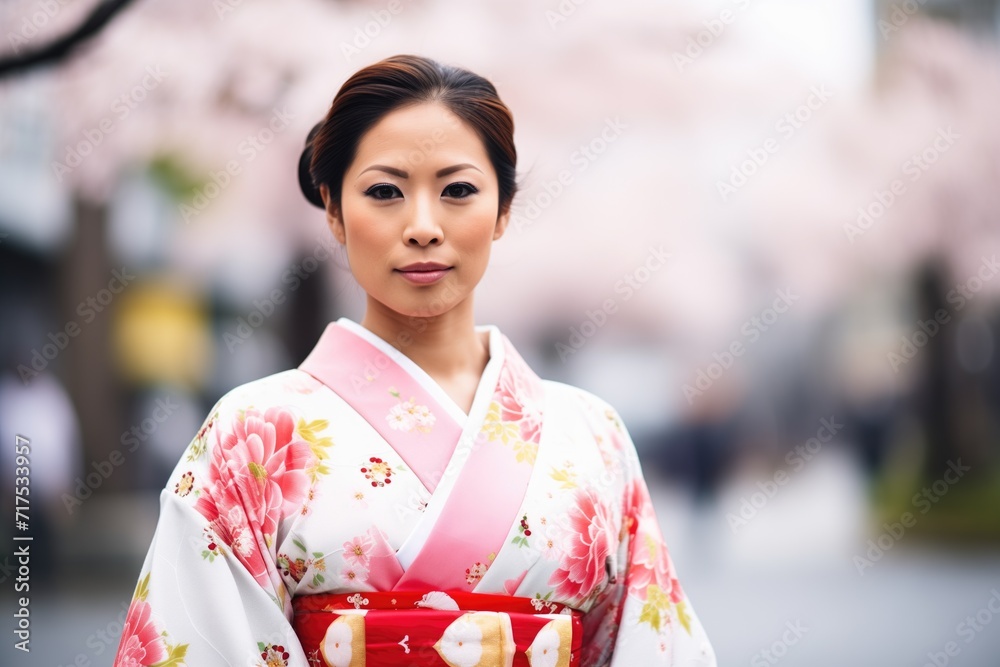 woman in kimono at japanese cherry blossom festival woman in kimono at japanese cherry blossom festival