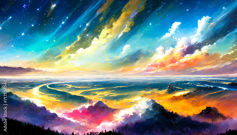 Starry skies, spectacular seas of clouds, views from above the clouds, and the horizon / 星空、壮大な雲海、雲の上から見た風景、地平線  - obrazy, fototapety, plakaty 