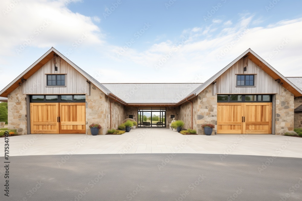 stone barn with wooden doors