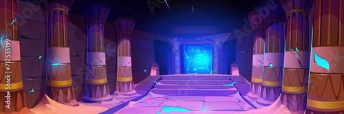 Egyptian corridor with columns, stairs and neon glowing magic portal with vortex. Cartoon vector illustration of ancient archeology pharaoh pyramid room interior with pillars and fantasy entrance.