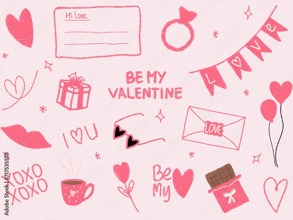 Set of valentine's day elements vector hand drawn. Love symbol, sticker pack, clip arts, labels, lettering, pattern for wrapping paper, fabric, textiles Set of valentine's day elements vector hand drawn. Love symbol, sticker pack, clip arts, labels, lettering, pattern for wrapping paper, fabric, textiles