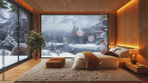 cozy bedroom with winter landscape from the window. seamless looping 4k time-lapse virtual video animation background