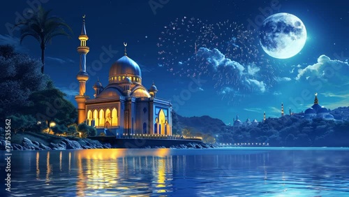 Ramadan kareem day and eid mubarak with mosque background, seamless looping 4k time lapse, animation video background photo