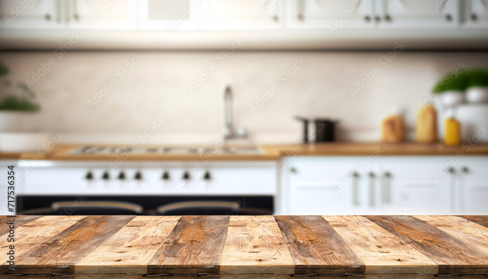 Wood table top on blur kitchen room background .For montage product display or design key visual layout. Wood table top on blur kitchen room background .For montage product display or design key visual layout.