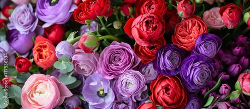 Assorted vibrant flowers in lavender purple and red shades available at the florist shop: roses, ranunculus, tulips, eucalyptus, eustoma, mattiolas, and carnations.