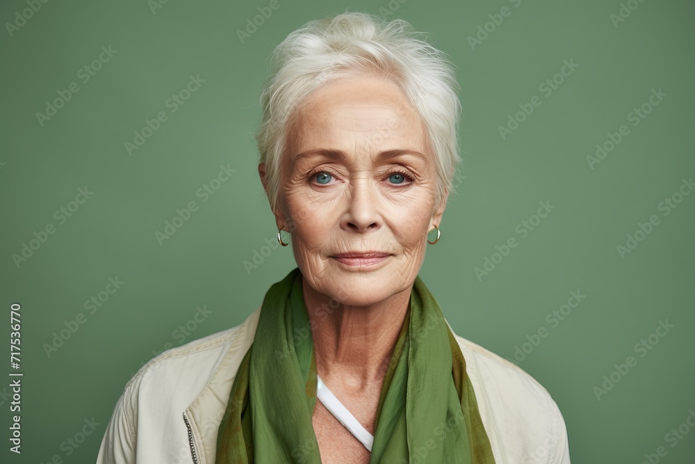 Portrait of smiling senior woman with green scarf against green background. Portrait of smiling senior woman with green scarf against green background.