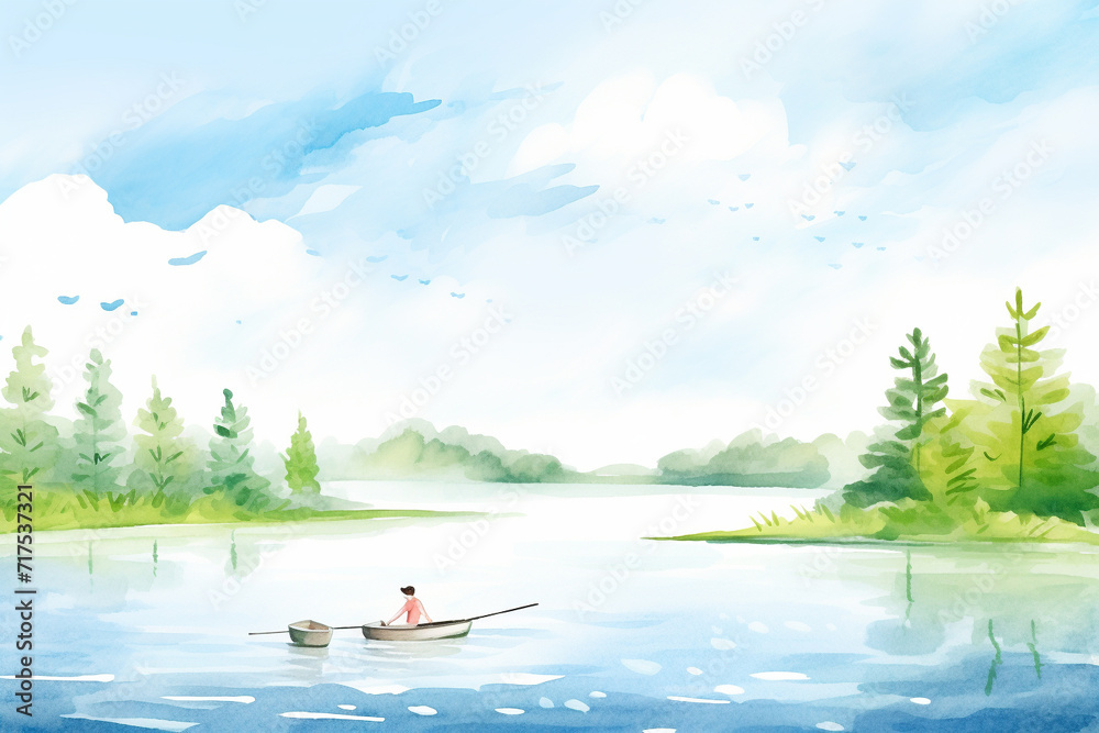 A serene lake with people fishing on a bright day , cartoon drawing, water color style