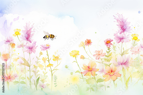 A busy bee on the beautiful flowers in a lush garden , cartoon drawing, water color style
