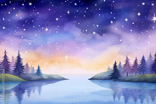A night to remember Beautiful starlight in a galaxy-themed landscape , cartoon drawing, water color style © Watercolorbackground