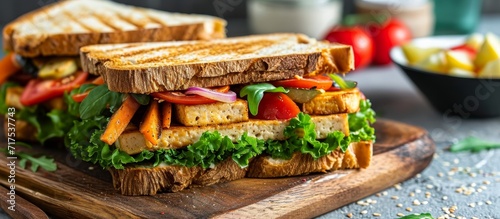 Tofu, vegetables, and baked potatoes combined in a club sandwich.