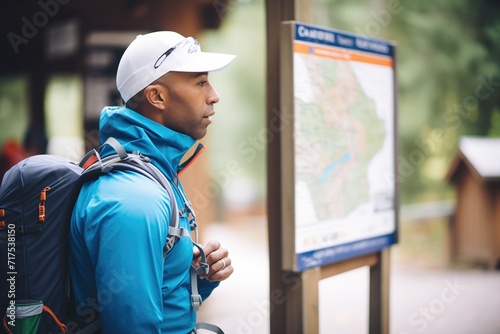 climber looking at a map beside a trailhead sign
