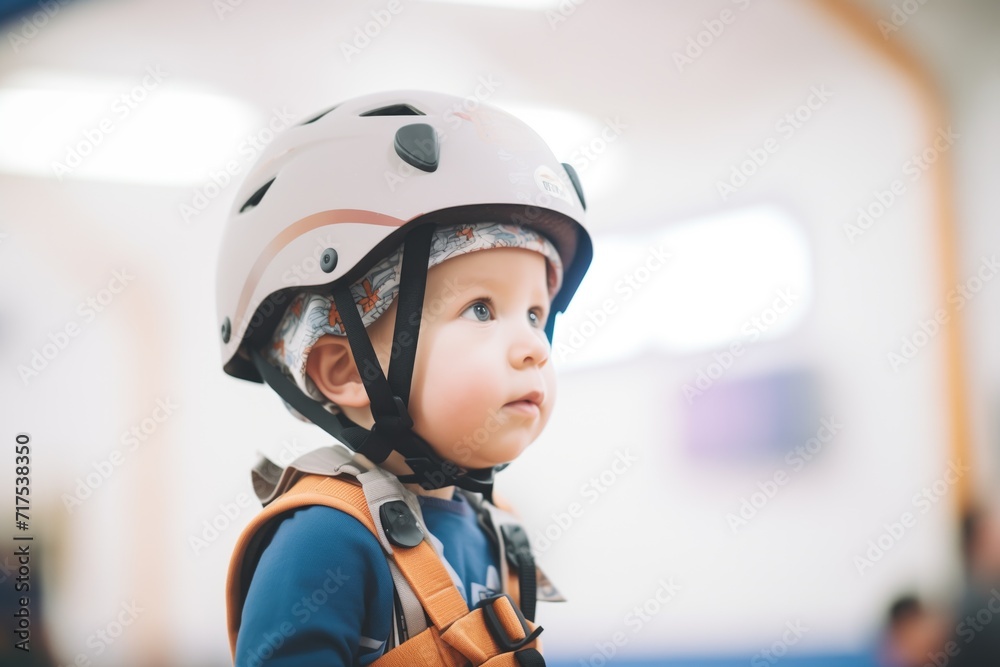 child with helmet and harness in a climbing class child with helmet and harness in a climbing class