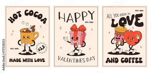 Valentine's Day set of vintage posters. Happy and cheerful retro mascots. Old animation 50s 60s 70s, groovy cartoon characters of coffee sweets and hearts, donut, cupcake, espresso, latte, present
