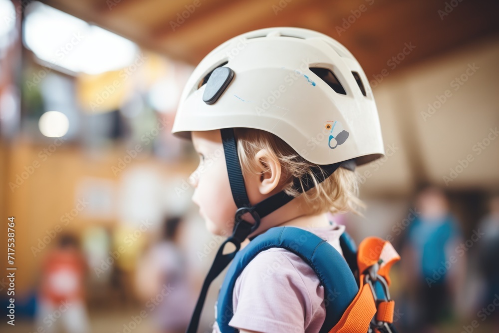 child with helmet and harness in a climbing class child with helmet and harness in a climbing class