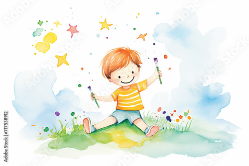 Creative fingers A child artist's happy painting experience , cartoon drawing, water color style