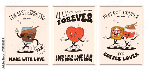 Valentine's Day set of vintage posters. Happy and cheerful retro mascots. Old animation 50s 60s 70s, groovy cartoon characters of coffee sweets and hearts, donut, cupcake, espresso, latte, present