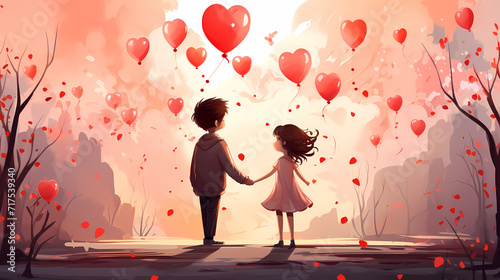 Des enfants amoureux pour la Saint Valentin avec des coeurs et des ballons photo