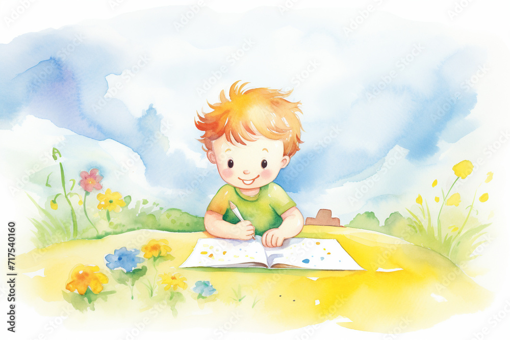 Kindergarten creativity A child artist's fantasy lesson , cartoon drawing, water color style Kindergarten creativity A child artist's fantasy lesson , cartoon drawing, water color style